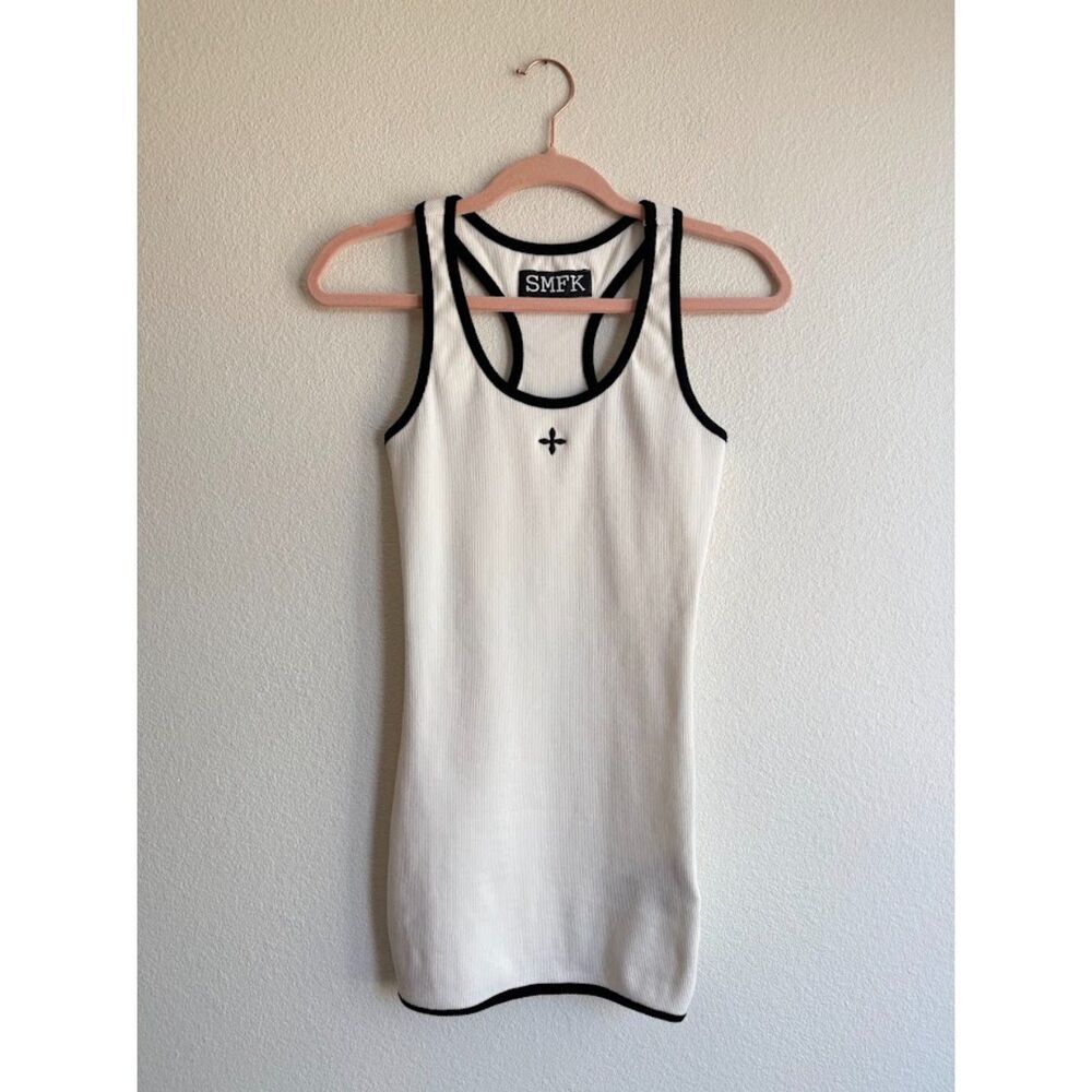 SMFK Compass Vintage Tennis Tank Ribbed Mini Dress in White & Black size Small